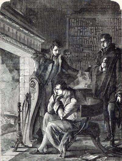 Napoleon brooding by the fire the night before his Abdication and Departure from Fontainebleau on 20th April 1814 by English School